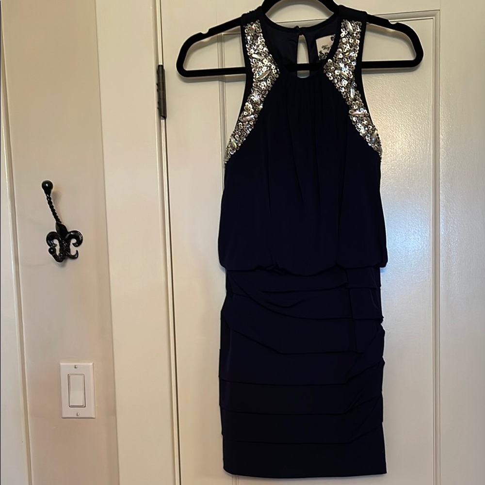 Elegant Navy Blue Dress with Silver Accents